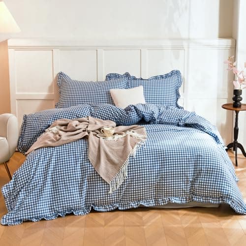 Hailyuwl 100% Cotton Ruffle Gingham Duvet Cover Blue White Classic Checkered Soft Breathable Vintage 3 Piece Bedding Set with Pillowcases for All Season Queen Size 90"x90" (Comforter Not Included) - Image 1