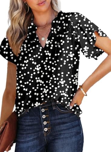 Dokotoo Womens Casual Alicia Flowy Print V Neck Smocked Short Sleeve Chiffon Blouses Tshirts Tops for Women 2026 Summer Trendy Work Business Boho Top Small Black - Image 1