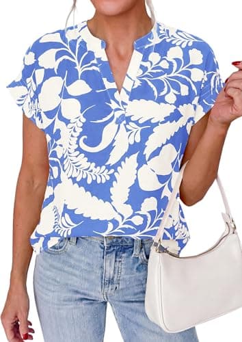 PRETTYGARDEN Womens Floral Print Short Sleeve Summer Tops 2026 Trendy V Neck Loose Boho Shirts Casual Work Blouses (Blue,Large) - Image 1