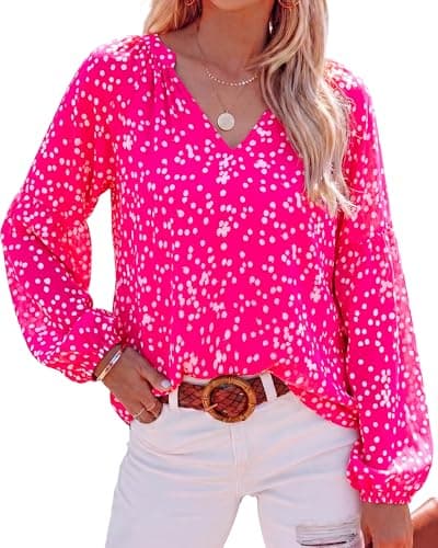 BTFBM Blouses for Women Dressy Casual Floral Summer Boho Tops V Neck Lightweight Long Sleeve Shirts Spring Clothes 2026(White Flower Rose Red, Large) - Image 1