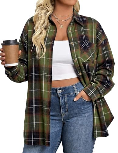IN'VOLAND Womens Plus Flannel Plaid Shirts Long Sleeve Casual Blouse Top - Image 1
