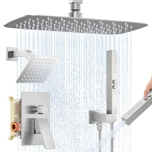 Orovessina Shower Faucet Set, 12" Ceiling Mount Rainfall Shower System with 2 Rain Shower Heads, 2-in-1 Handheld, Solid Brass Pressure Balancing Shower Valve and Trim Kit, Brushed Nickel - Image 1