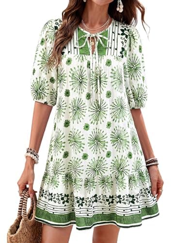 Okiwam Womens Summer Dresses 2026 Drawstring V Neck Lantern Short Sleeve Boho Floral Casual Babydoll Beach Vacation Sundress-M Green Flower - Image 1