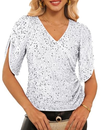 GRACE KARIN Womens 3/4 Length Sleeve Sequin Top V Neck Velvet Blouses 2026 Sparkly Fashion Party Shirt Silver S - Image 1