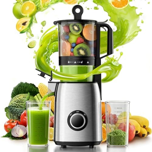 Kismile Cold Press Juicer, 5.6" Wide Feed Chute Juicer Machine, 300W Slow Masticating Juicer with High Juice Yield, Easy to Clean, for Whole Fruits and Vegetables, Celery Juicer, Stainless Steel
