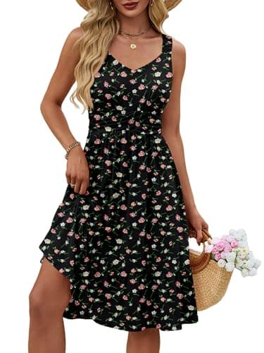 UEAL Sundresses for Women Cute Knee Length Floral Casual Summer Sun Dresses 2026 X-Large Black Floral - Image 1