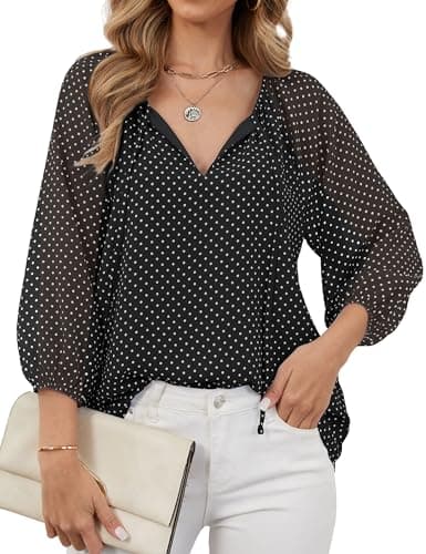 TELULYOO Dressy Blouses for Women Chiffon 3/4 Sleeve Top Casual Business Elegant Polka Dot Bow Tie Neck Work Shirt Black - Image 1