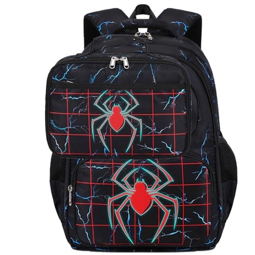 AUIVTY Boys Backpack with Lunch Box Glow in Dark Bookbag Kids Ages 4-12 Kindergarten Elementary School Spider Backpack, Luminous Spider Black Red - Image 1