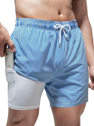 Arcweg Mens Swimming Trunks 2 in 1 with Boxer Liner 5.5" Quick Dry Swimwear Bathing Suit Swim Shorts with Zipper Pockets L(US) Blue Stripes - Image 1