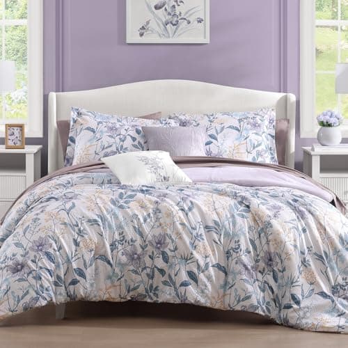 CASAAGUSTO Queen Comforter Set, 7 Pieces Bed in a Bag Queen Purple Iris Floral Comforter Set with Flowers Leaves Pattern, Soft Seersucker Design All Season Queen Size Bedding Set - Image 1