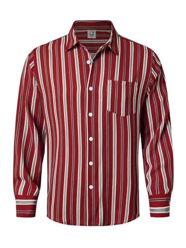 Hardaddy Men's Classic Color Contrast Striped Shirt Long Sleeve Casual Button Down Shirts Blouse Wine Red 3XL - Image 1