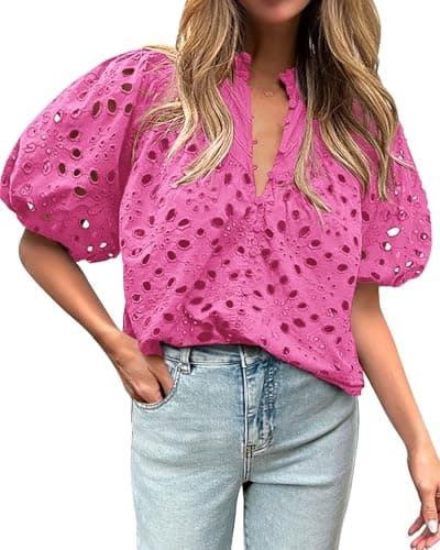 BTFBM Womens Blouses Summer Hollow Out Eyelet Embroidery Tops V Neck Buttons Puff Sleeve Boho Shirts Spring Fashion 2026(Rose Pink, XX-Large) - Image 1