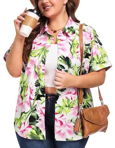 Plus Size Women Hawaiian Shirt Soft Cool Summer Hawaii Shirts Floral Tropic Print V Neck Button Down Shirts Beach Tops Pink - Image 1