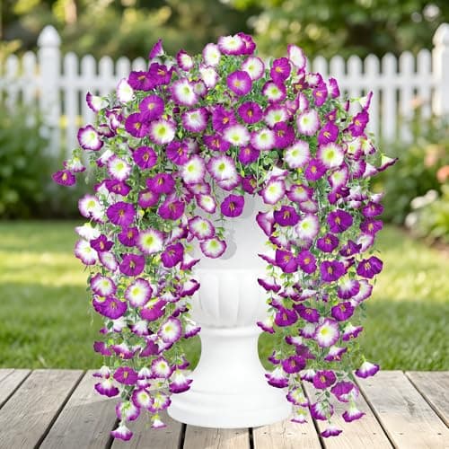 6 Pcs Artificial Hanging Morning Glory Flowers for Outdoors,Realistic Silk Faux Flowers with Eucalyptus Leaves,UV Resistant Fake Plants,Spring Decor for Garden Patio Balcony Yard Porch(Purple+White)