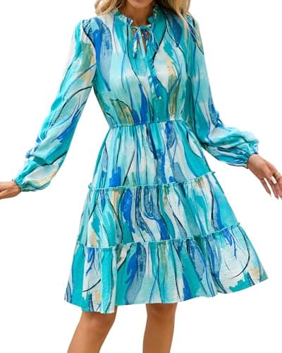 BTFBM Women Fall Dresses 2026 Floral V Neck Long Sleeve Tiered Ruffle Boho Swing Flowy A-Line Mini Dresses Vacation(Blue,Large) - Image 1