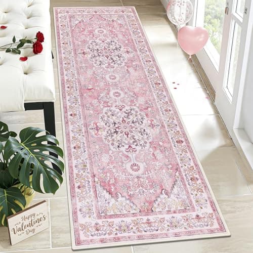 U'Artlines 2' x 6' Hallway Runner Rug, Pink Non Slip Washable Vintage Farmhouse Accent Rug Runner Carpet for Kitchen Entryway Laundry and Living Room(Peach Pink) - Image 1