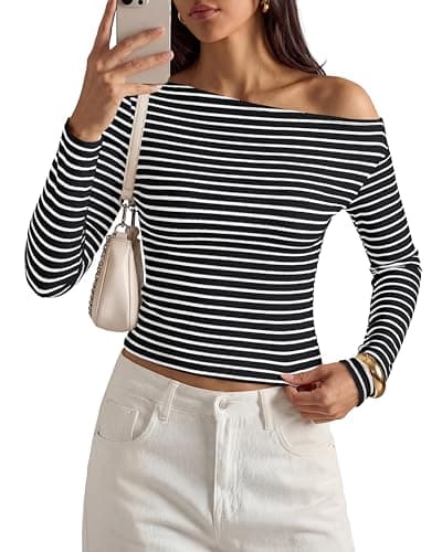 PRETTYGARDEN Womens Tops 2026 Fall Off The Shoulder Long Sleeve Shirts Striped Fitted Y2K T-Shirt Going Out Crop Top(Striped Black White,Medium) - Image 1