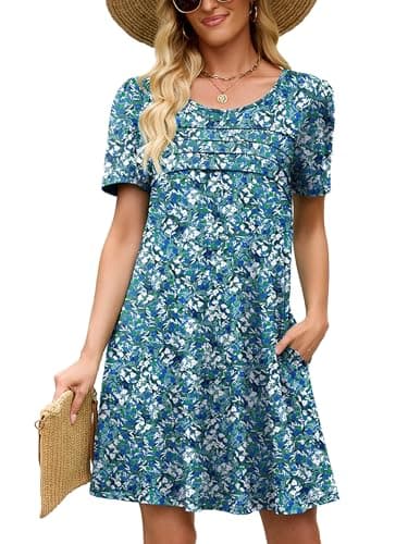 Heymoments Women's Short Sleeve Dress Floral Print Small Round Neck Casual Flowy Midi Sundress Comfy Tshirt Ladies Teachers Summer Beach Swing 2026 Novelty Dresses with Pockets - Image 1