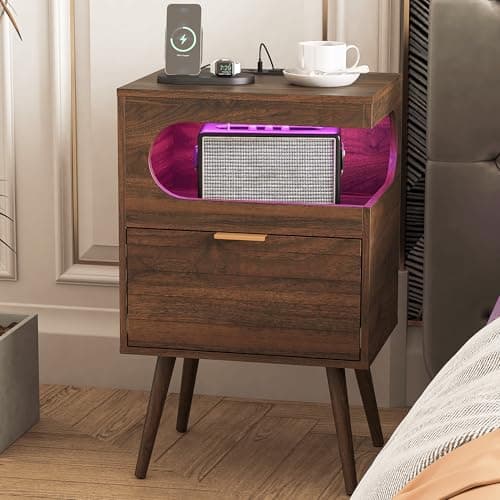 Veegle Nightstand with Charge Station,Modern Bedside Table with Storage Drawer and Open Wood Shelf, Accent Night Stand with Solid Wood Legs for Bedroom and Small Spaces (Walnut Brown)
