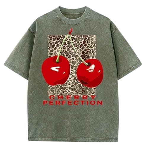 Women's Oversized Graphic Tees Cherry T Shirts Washed Vintage Casual Summer Baggy Cotton Tops Cute Grunge Shirt(ArmyGreen-M) - Image 1