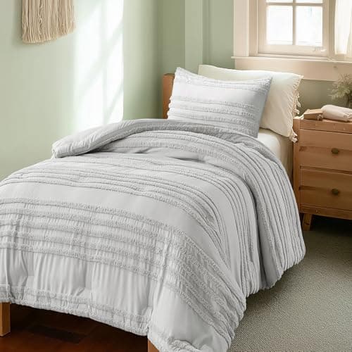 BEDELITE Boho Twin/Twin XL Comforter Set,Light Grey Tufted Striped Bed Set 2 Pieces, Soft Vintage Farmhouse Comforter for College, Boho Home Dorm Decor, Fluffy Jacquard Bedding with 1 Pillow Sham - Image 1