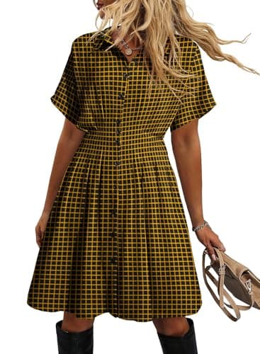 Dokotoo Women Button Front Pleated Mini Shirt Dress Summer Short Sleeve Gingham Dress Women Casual Corset Dresses Shirred High Waist Lapel Collar Mini Skirts Black Small - Image 1