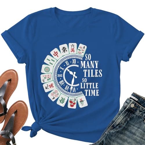 Mahjong Shirts for Woman-Mahjong Tiles Clock Short Sleeves Game Night Gift Top for Mahjong Players A-Blue - Image 1