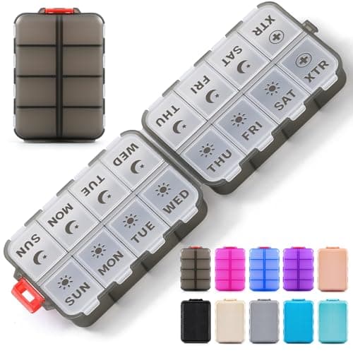 Foldable Weekly Pill Organizer 2 Times a Day with 2 Extra Compartments - Etched Label - Portable 7 Day AM PM Medicine Box, Week Daily Travel Pill Case Holder for Meds, Vitamin, Supplement, Clear Black - Image 1