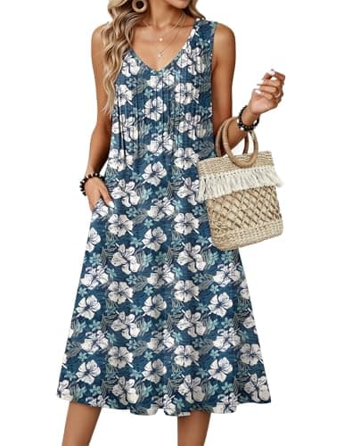 Zeagoo Women 2025 V Neck Spring A Line Tshirt Summer Dress Sleeveless Pleated Sundress Casual Tank Midi Tunic Dress With Pockets Blue Floral XL - Image 1