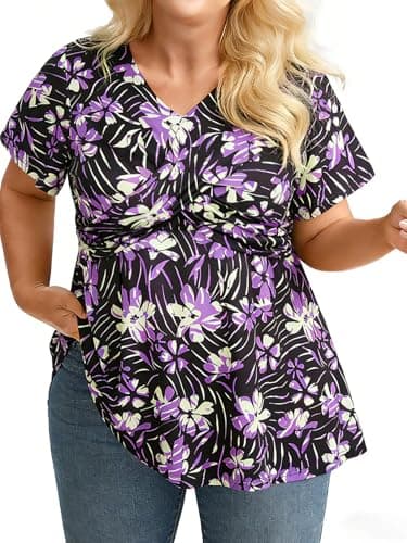 Charming Ashley Plus Size Floral Print Blouse for Women V Neck Short Sleeve Summer Spring Top Casual Shirt Purple - Image 1