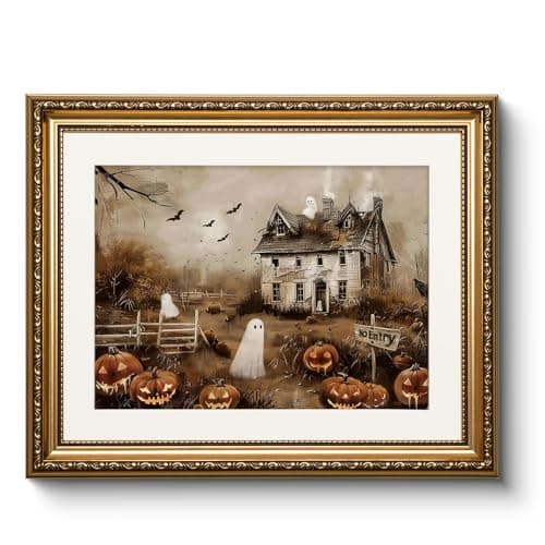 Vintage Gold Framed Spooky Halloween Wall Art, 13x16 Haunted House Jack-o’-Lanterns Bats Canvas Painting Print, Ghosts Pumpkins Halloween Picture Holiday Home Room Atmospheric Decor - Image 1