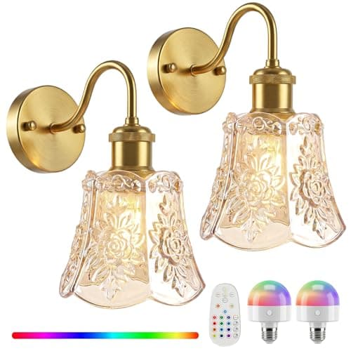YUNICE Vintage Battery Operated Wall Sconces Set of 2 Rechargeable Wall Sconce Wireless Wall Lights with Remote Control & Amber Glass Lampshade for Bedroom Living Room Vintage Indoor E26 Type-C - Image 1