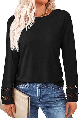 GKBK Womens Long Sleeve Tops Business Dressy Casual Blouses Crewneck Loose Fit Lightweight T Shirts Cute Work Tee Ladies Tunic 2025 Fall Winter Fashion Clothes Trendy Outfits Black S - Image 1