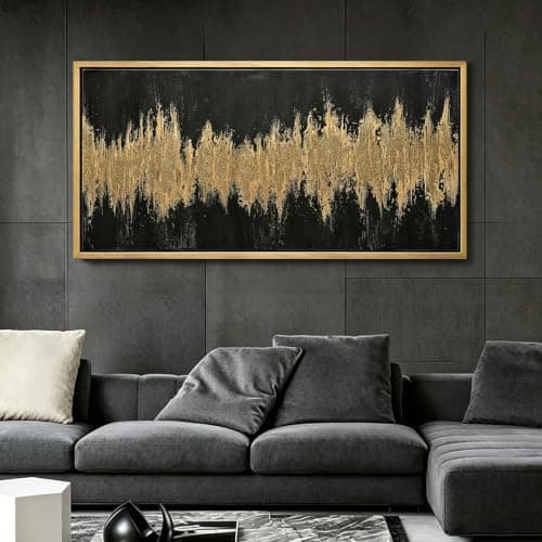 24"x48" Framed Black and Gold Abstract Sound Wave Textured Wall Art, Minimalist Pictures Canvas Wall Deco for Living Room Bedroom Office Gallery - Image 1