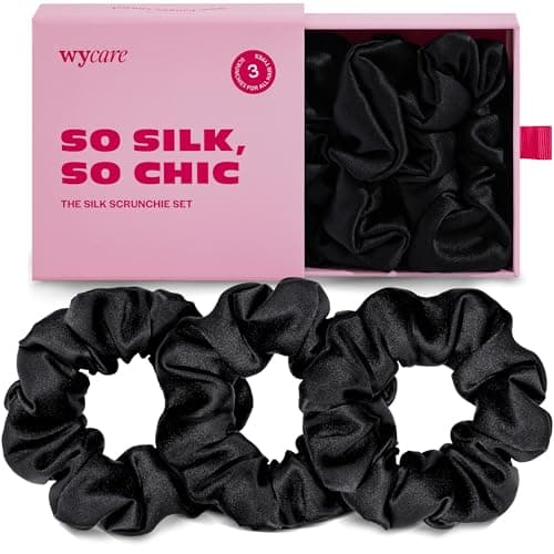 Wycare 100% Silk Scrunchies - Gentle on Hair Mulberry Silk Scrunchies for Women - Luxurious Sleep Ties for Women's Curly Hair (Set of 3 Black) - Image 1