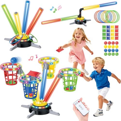 Bean Bag Ring Toss Game for Kids, 3-in-1 Rechargeable Musical Jumping Toy with LED Lights, Remote, Electric Spinning Base, Indoor/Outdoor Toys for Kids Ages 4-8, Backyard Sport Toy for Boys Girls - Image 1
