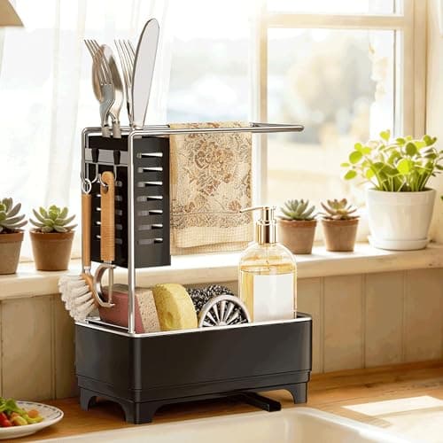 MOUKABAL Sponge Holder for Kitchen Sink, 2-Tier Sink Caddy Organizer with Drain Holes and Hooks, Holds Dishcloth, Sponge & Brushes, Kitchen Countertop Storage for New Home Essentials Black - Image 1