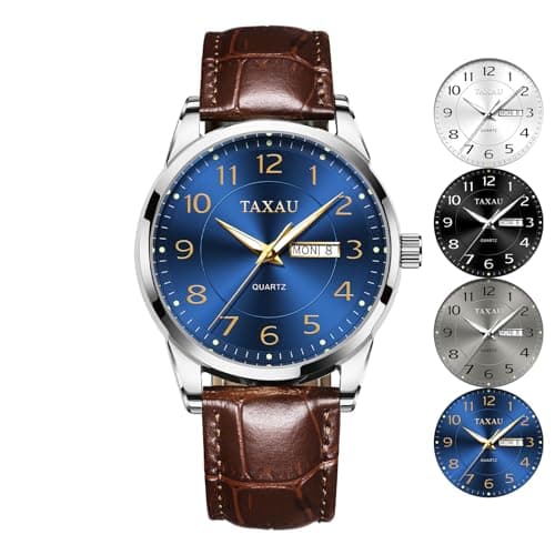 Taxau Mens Watches, Wrist Watch for Man Dress Brown Leather Strap Men Waterproof Watches with Date Day Analog Quartz Casual Watch Blue Face Large Arabic Numerals relojes para Hombres - Image 1