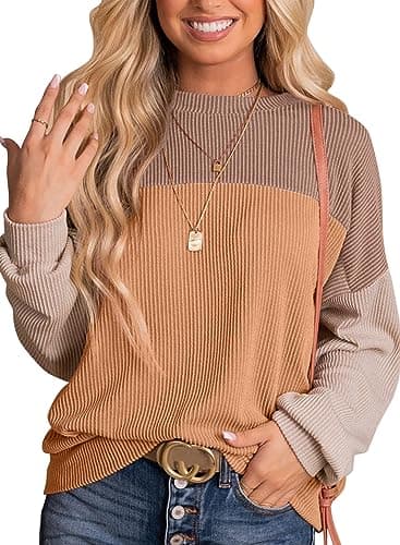 Dokotoo Plus Size Tops for Women Trendy Fashion Clothing Fall Summer Crewneck Long Sleeve Shirts Business Casual Outfits Loose Comfy Color Block Cute Sweatshirt Knitted Tunic Blouse Khaki XX-Large - Image 1
