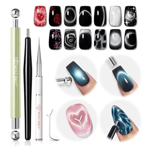 Modelones Cateye Gel Polish Nail Magnet Set, 6PCS Cat Eye Magnet Tool with Liner Nail Brush for Gel Swirl Nails Strong Magnetic Nail Art Wand, Glass Bead& French Tip for DIY Nail Lovers - Image 1