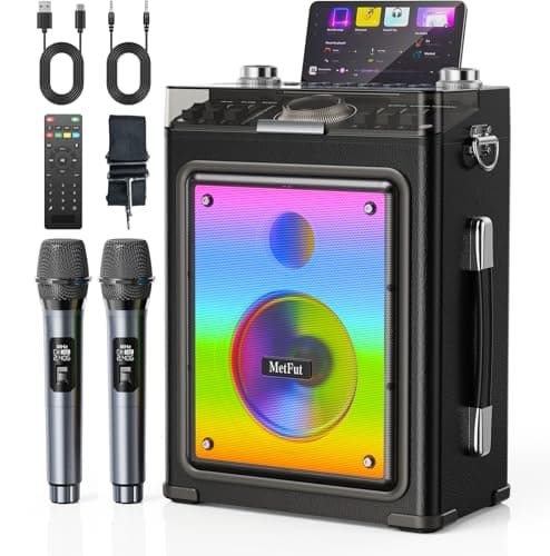 Metfut Karaoke Machine for Adults with 2 Wireless Microphones & Guitar Input, Professional Bluetooth 5.3 Speaker, Portable Wooden Karaoke PA System with Bass/Treble Adjustable for Backyard, Home Party - Image 1