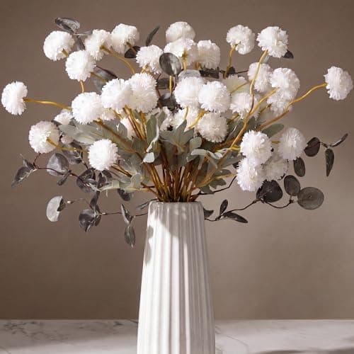 AMORISE 12 Pcs White Fake Flowers for Vase,50 Heads Faux Silk Mums with Eucalyptus,Artificial Flowers with Long Stem,Chrysanthemums for Wedding Centerpieces Floral Arrangements Vase Fillers Home Decor - Image 1