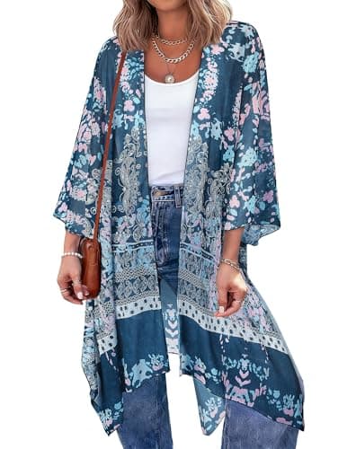 BB&KK Swimsuit Coverup for Pluse Size Women Chiffon Kimono Boho Floral Beach Bathing Suit Cover Ups for Swimwear Flowy Casual Loose Summer Cardigan Vocation Outfit XXL Blue Flower - Image 1