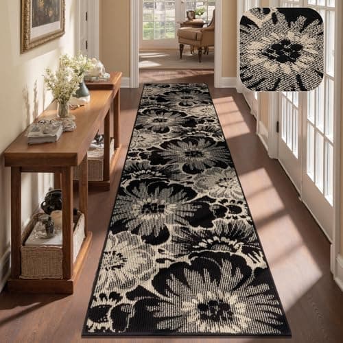 Findosom Hallway Runner Rug 2x10, Non Slip High-Low Textured Floral Washable Runner Rug with Rubber Backing, Boho Carpet Runner for Kitchen, Entryway, Bedroom, Laundry, Black & Beige - Image 1