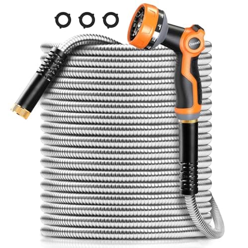 Omont Metal Garden Hose 100FT, Stainless Steel Water Hose with Nozzle, Flexible, Lightweight, Puncture Proof, Never Kink & Tangle, Heavy Duty Garden Hose for Yard and Outdoor - Image 1