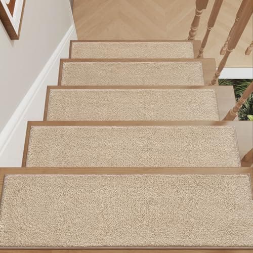 tchdio Stair-Treads Non Slip Indoor 15PC, Soft Peel and Stick Stair Treads for Wooden Steps, Carpet-Stair Tread Reusable Adhesive for Kids and Pets, Washable Stair Runner Rugs 8"x30" Beige - Image 1