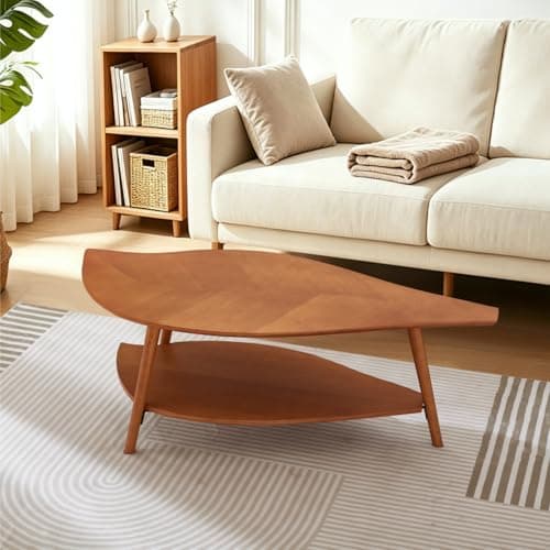 DURISEN Small Coffee Table with Storage,Unique Leaf Handcrafted Marquetry,Mid Century Modern Oval Wooden Coffee Table,Natural Oak Veneer, Solid Wood Legs,for Living Room,Apartment(Walnut) - Image 1