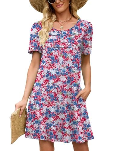 Heymoments Women's Short Sleeve Dress Floral Print XX-Large Plus Size Crewneck Casual Flowy Above Knee Length Sundress Comfortable Shirt Work Summer Cheap Dresses with Pockets - Image 1