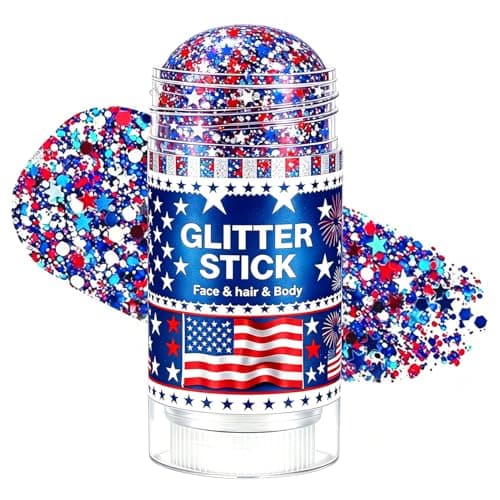 4th of July Glitter Stick, Red White and Blue Glitter Stick, Body Glitter, Patriotic USA Flag Chunky Glitter Makeup for Independence Day, Rave Accessories for Women, 4th of July Decorations