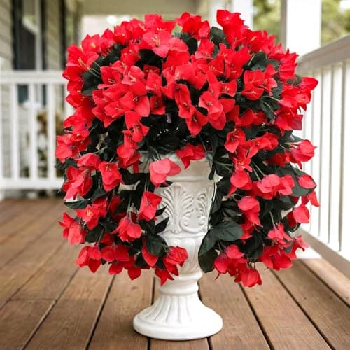 AMORISE 2 Pcs Artificial Hanging Flowers for Outdoors, Faux Bougainvillea Plants for Outside, Fake Flowers Silk Long Trailing Vines Realistic for Front Door Porch Patio Balcony Yard, Red, FF03 - Image 1